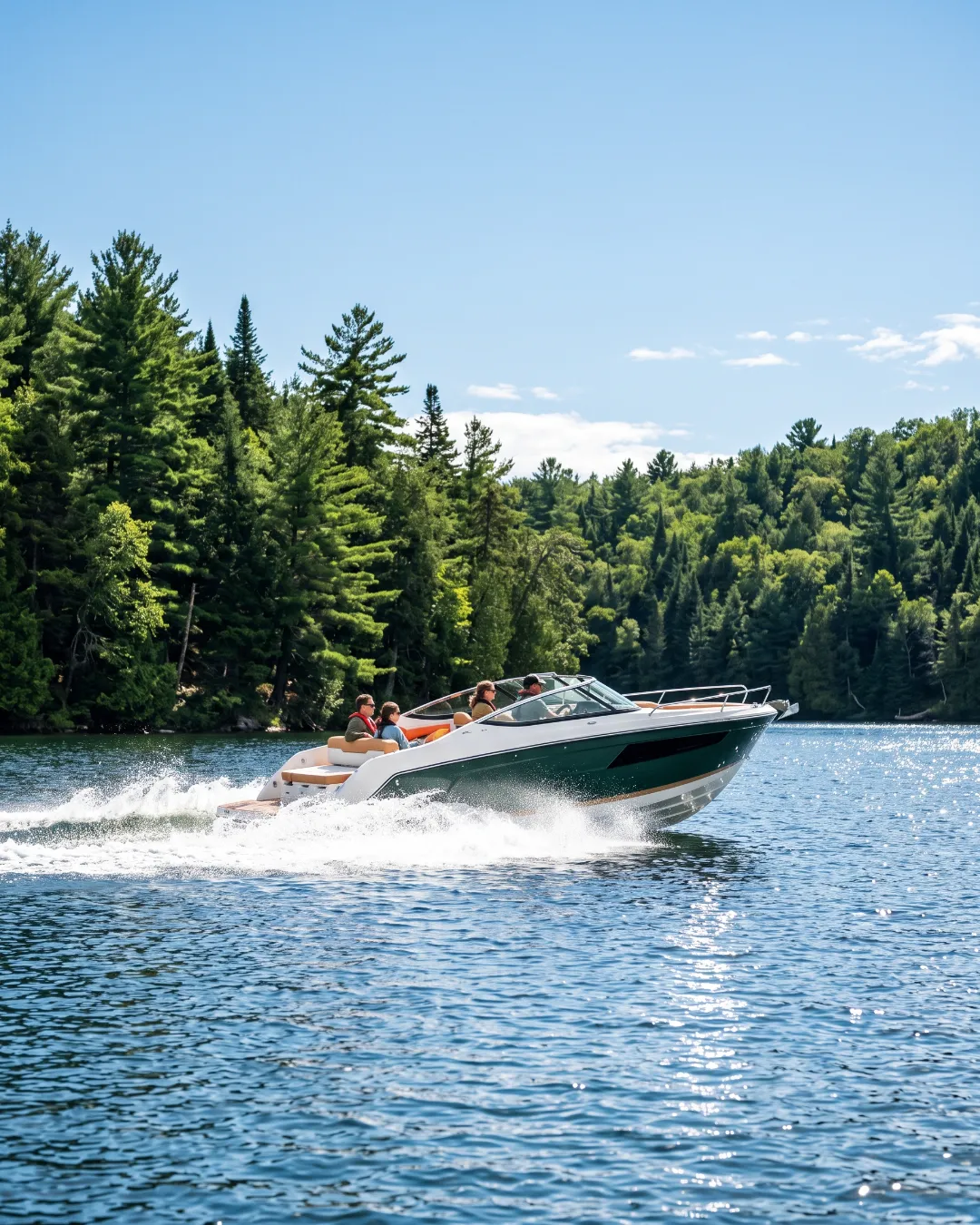 A motorboat with passengers wearing life jackets speeding across a lake